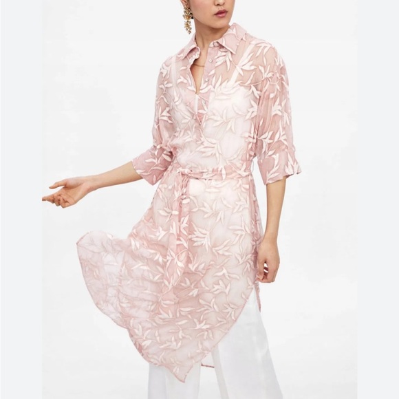 Zara Dresses & Skirts - ZARA Sheer Embroidered Midi Dress Pink Floral Beach Coverup Oversized Resort